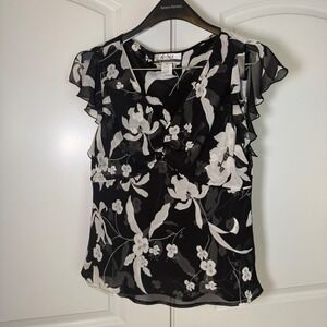 Nine & Company Womens Black White Floral Chiffon Flutter Sleeve Blouse Size 14